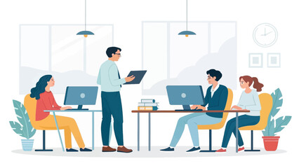 Teamwork in a modern office: A vector illustration perfect for websites, presentations, and brochures.