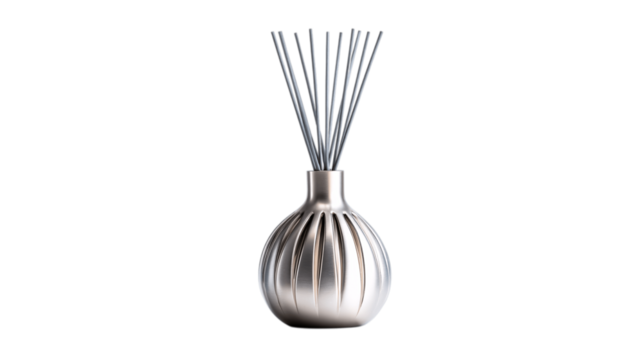 A brushed palladium alloy designer candle diffuser highlighting a dual-tone luxury contrast, white background --ar 16:9