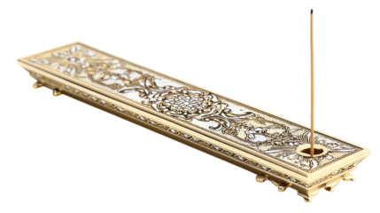 A champagne-hued titanium premium incense stand with radiant metallic filigree highlights, white background --ar 16:9