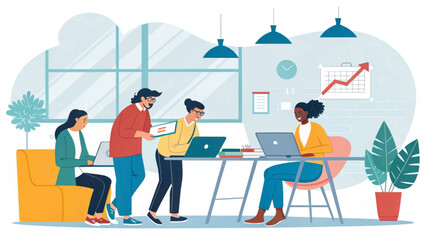 Diverse team collaborating on project in modern office; ideal for website landing page or brochure.