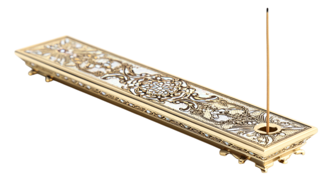A champagne-hued titanium premium incense stand with radiant metallic filigree highlights, white background --ar 16:9