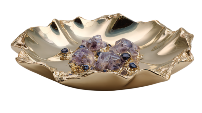 A champagne-hued titanium sculptural centerpiece dish featuring hand-carved gemstone accents, white background --ar 16:9