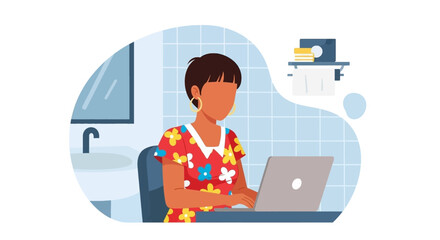 Woman working on laptop in bathroom, perfect for blog post about remote work or work-life balance.