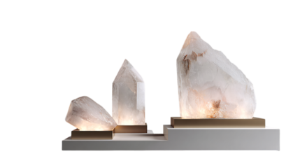 A crystal-etched quartz high-end jewelry display stand featuring soft ambient glow elements, white background --ar 16:9