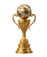 Fototapeta premium Golden soccer trophy. A gold-colored trophy, shaped like a cup, holds a soccer ball. Ornate details on the trophy