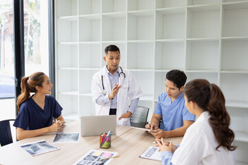 Fototapeta premium Medical team brainstorming having a meeting in conference room at hospital, Medical technology and health care concept.