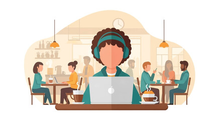 Person working on laptop in a busy cafe, ideal for website banners or blog posts about remote work.
