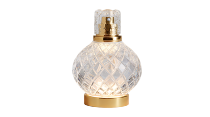 A crystal-etched quartz limited-edition perfume atomizer with detachable illuminated base, white background --ar 16:9