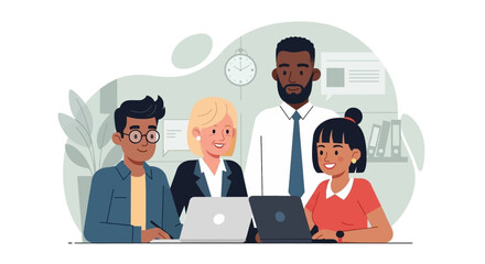 Diverse team of professionals collaborating on laptops, ideal for website banners or business presentations.