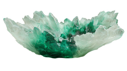 Fototapeta premium A emerald-frosted crystal sculptural centerpiece dish with intricate artisanal engraving, white background --ar 16:9