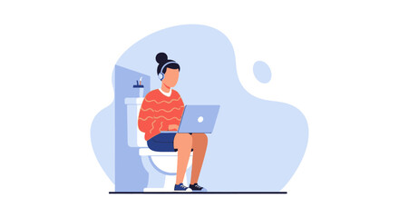 Woman working on laptop while sitting on toilet, perfect for articles about work-life balance or remote work challenges.
