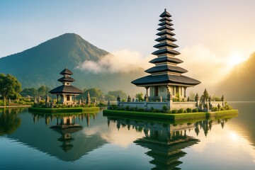 Obraz premium Traditional Asian pagoda temple on serene lake at sunrise with misty mountain in background and soft golden light. Ai generative.