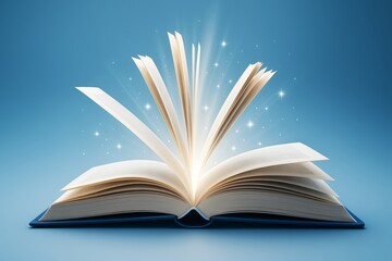Magical open book with glowing pages and sparkles on blue background symbolizing fantasy, imagination, and knowledge explosion concept.