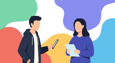 Illustration of two faceless people, a man and a woman, one holding a phone, the other a tablet; perfect for websites and presentations on communication, teamwork, or technology.