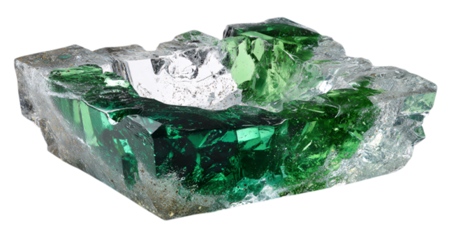 A emerald-frosted crystal sculptural centerpiece dish highlighting a dual-tone luxury contrast, white background --ar 16:9