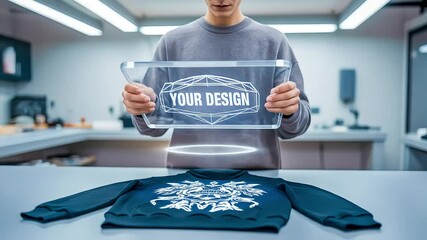 A designer uses a futuristic transparent screen to apply a custom intricate graphic onto a sweatshirt in a modern workshop - Powered by Adobe