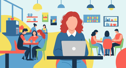 Woman working on laptop in a busy cafe, perfect for website banners or social media posts.