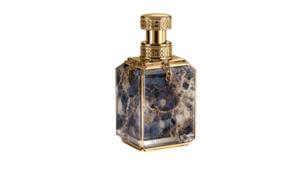 A mirror-polished sapphire glass limited-edition perfume atomizer crafted for opulent interior showcases, white background --ar 16:9