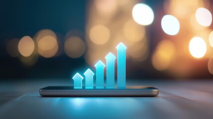 Blue revenue increase displayed on a smartphone screen, showing business earnings.