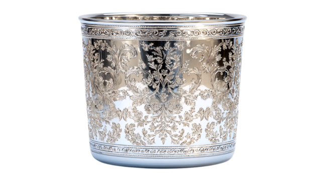 A mirror-polished sapphire glass prestige champagne cooler with radiant metallic filigree highlights, white background --ar 16:9