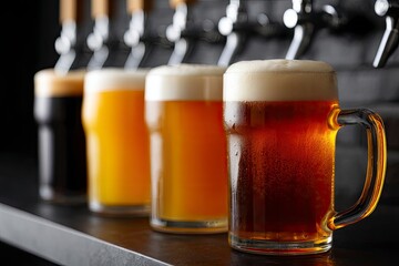 Row of beers varying in colorshade with taps in background First beer is in a mug with handle