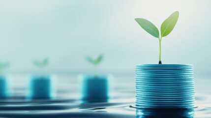 Blue growth concept with seedlings sprouting from stacks of coins, representing financial prosperity.