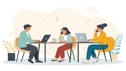 Diverse team collaborating on laptops and phones, ideal for website banners or marketing materials.