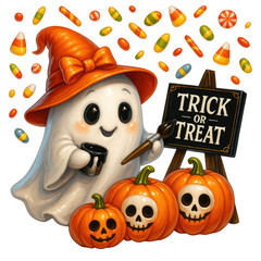 Fototapeta premium Cute ghost with orange hat painting pumpkins with skull faces