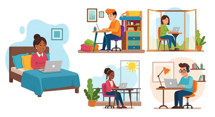 Diverse group of people working remotely from home, perfect for illustrating work-from-home concepts, telecommuting, or remote work articles.