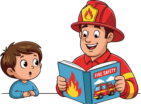 Engaging Cartoon Illustration of a Firefighter Teaching Vital Fire Safety Lessons to a Curious Young Boy, Promoting Awareness and Prevention Education for Children.