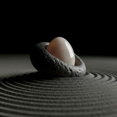 Elegant Zen Garden Still Life with Smooth Egg-Shaped Stone in Textured Bowl on Raked Sand