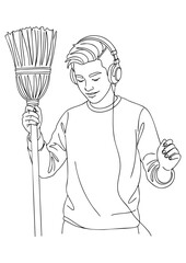 A young man wears headphones and holds a broom, appearing to be sweeping or cleaning while listening to music.