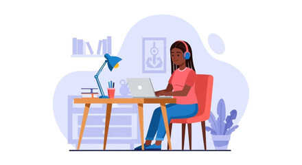 Young woman working from home on laptop, perfect for online learning, remote work, or freelance articles.