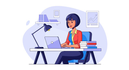 Young businesswoman working on laptop at her desk, perfect for website banners or business presentations.