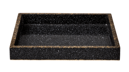 A polished jet-black granite signature serving tray crafted with dual-layer luminous textures, white background --ar 16:9