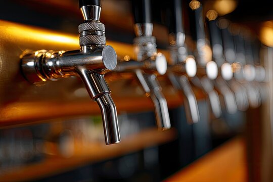 Row of shiny chrome beer taps on a bar with golden wood accents and bokeh lights