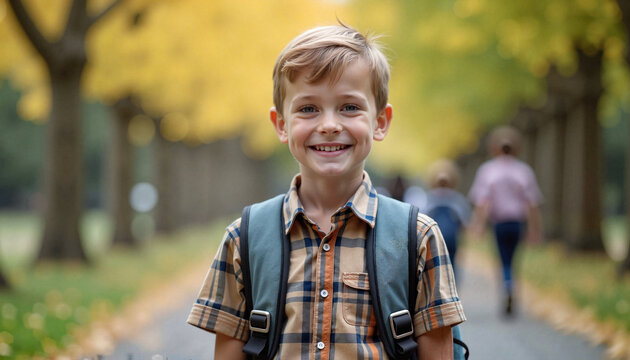 smiling schoolboy with a backpack enjoying a walk in a park during autumn