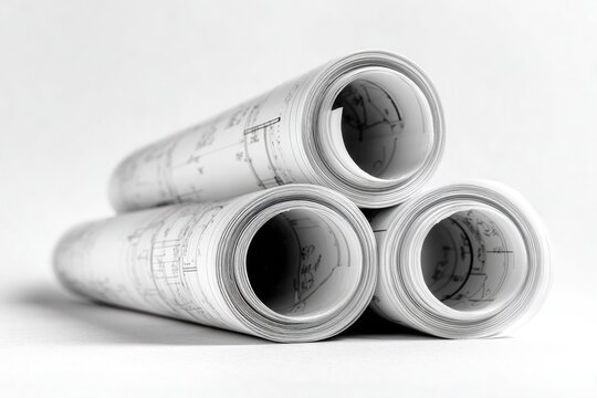 Three rolled blueprints arranged in a triangular stack on a white background