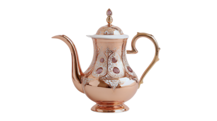 A rose-gold infused ceramic ornamental coffee pot featuring hand-carved gemstone accents, white background --ar 16:9