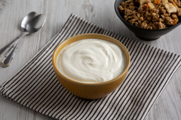 Organic Whole Fat Greek Yogurt in a Bowl, side view.