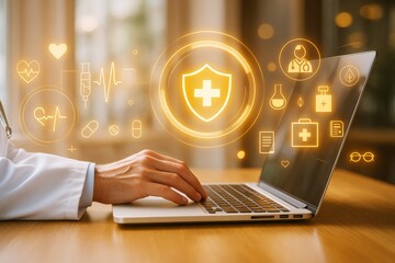 Doctor hand using laptop with glowing medical technology icons, futuristic digital healthcare interface on blurred indoor background. Ai generative.