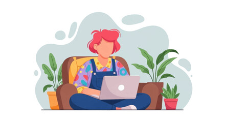 Woman working from home on laptop, surrounded by plants. Ideal for websites, blogs, and articles about remote work, work-life balance, or home office design.