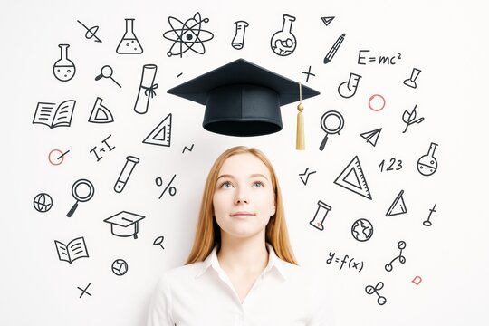 Female student looking up at floating graduation cap surrounded by science and education doodles on white background, symbolizing learning concept.