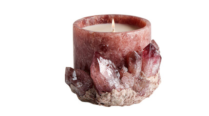 A ruby-tinged quartz designer candle diffuser showcasing artisan sculpted detailing, white background --ar 16:9
