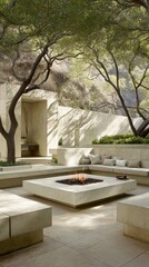 Modern, light-filled patio with a central fire pit