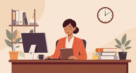 Businesswoman working at her desk in a modern office, perfect for websites or marketing materials.