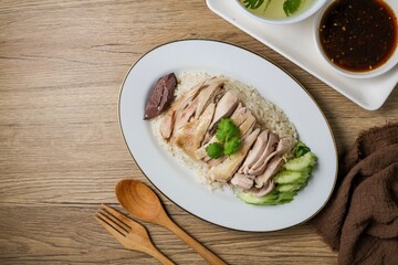 Chicken and rice with coriander and cucumber with sauce and soup in a white plate, hainanese chicken rice, thai called khao man gai, asian food, thai food