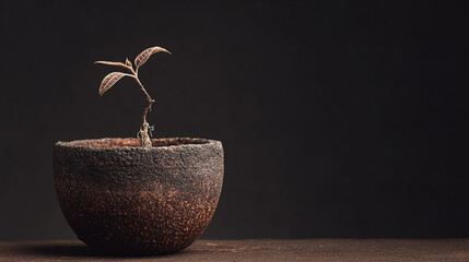 A small green sprout grows in a rustic textured pot against a dark background