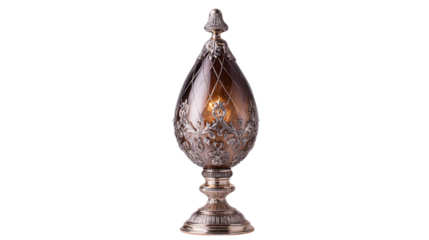A smoked diamond glass ornate lamp stand with radiant metallic filigree highlights, white background --ar 16:9