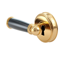 Gold door handle with black knob,  angled view